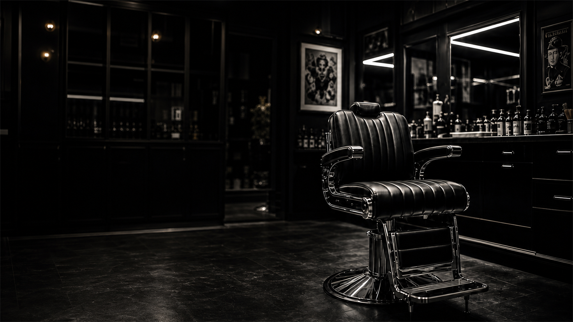 Empty black barber chair in the Studio Image shop, Newmarket